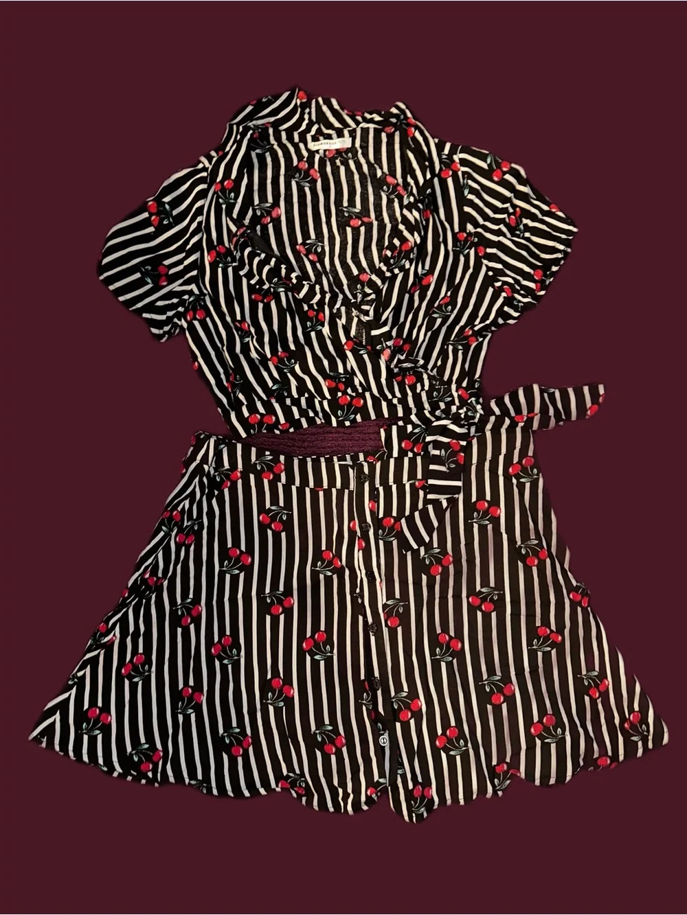 Glamorous Black White Stripe w/ Cherry Wrap Ruffle Blouse & Swing Mini Skirt
